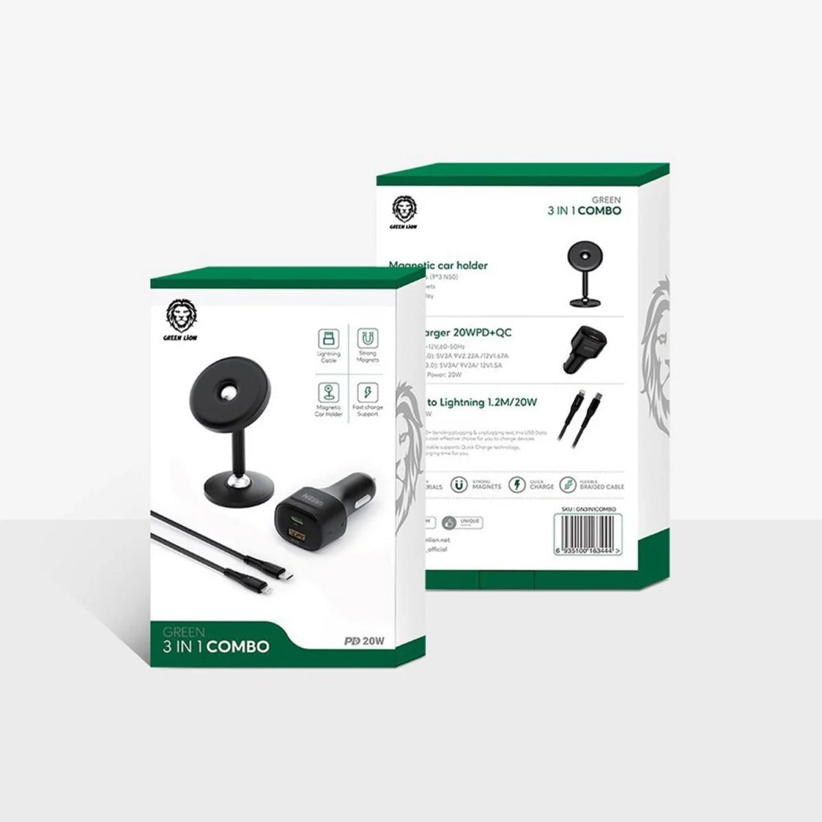 Green 3 in 1 Combo Magnetic Holder with Car Charger 20W